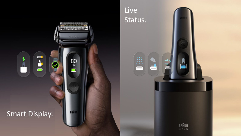 Grafik zum Braun Nevo Rasierer mit Smart Display und Live-Status. Das Display zeigt Akkustand und Gerätestatus, während Symbole über Reinigung, Ladung und Wartung informieren. Rechts steht der Rasierer in der Ladestation mit aktivem Statusdisplay.