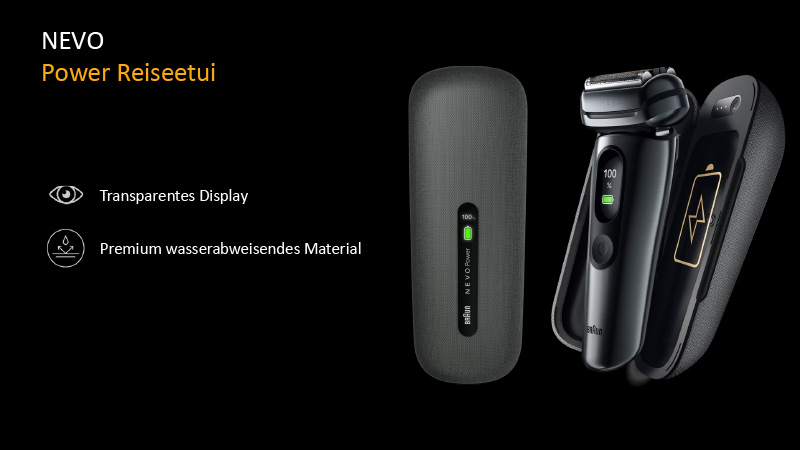 Grafik zum Braun Nevo Power Reiseetui. Gezeigt werden das Reiseetui mit transparentem Akkudisplay sowie der Rasierer im geöffneten Etui. Hervorgehoben werden das wasserabweisende Premium-Material und die Ladefunktion für unterwegs.
