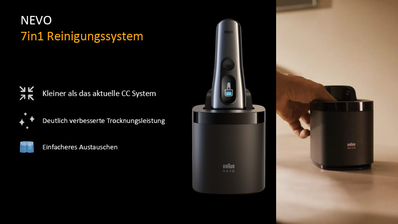 Grafik zum Braun Nevo 7-in-1 Reinigungssystem. Gezeigt werden Rasierer und Reinigungsstation. Hervorgehoben werden kompaktes Design, verbesserte Trocknungsleistung und Austausch der Reinigungskartusche.