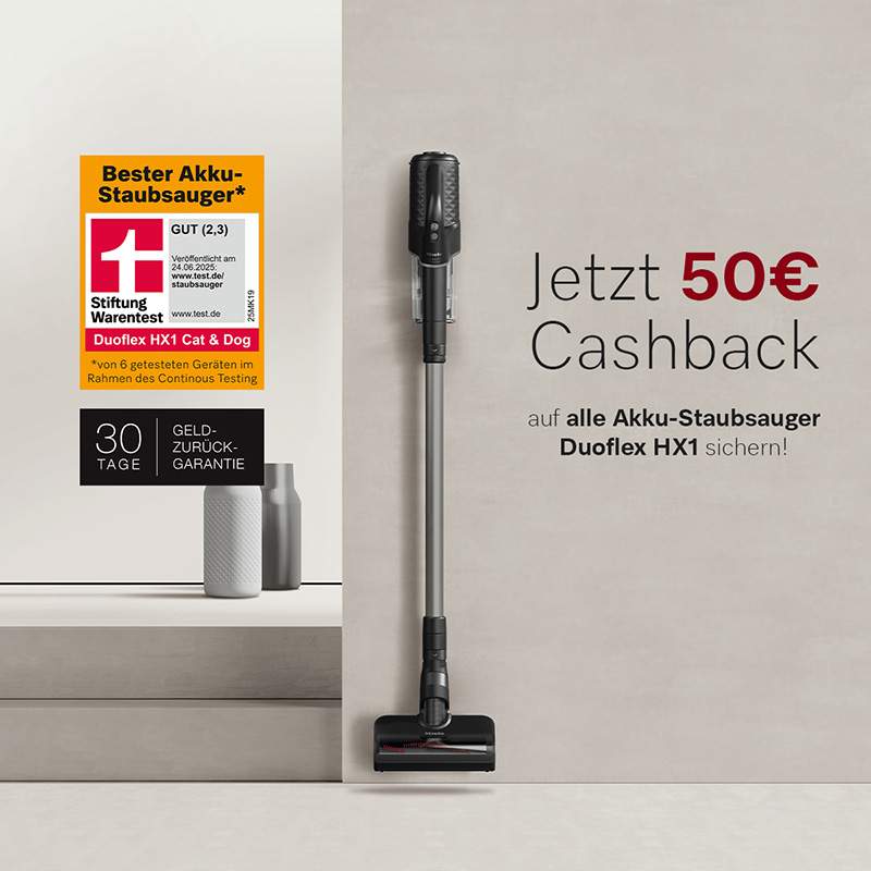 Werbeanzeige für den Akku-Staubsauger Duoflex HX1 mit 50 € Cashback, Stiftung-Warentest-Siegel und 30 Tage Geld-zurück-Garantie.