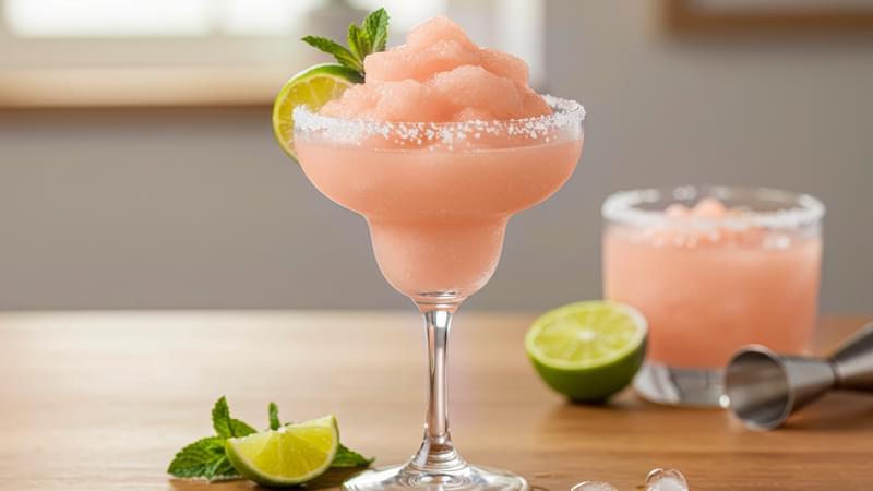 Ein erfrischender Margarita Slush mit einer Limettenscheibe dekoriert.