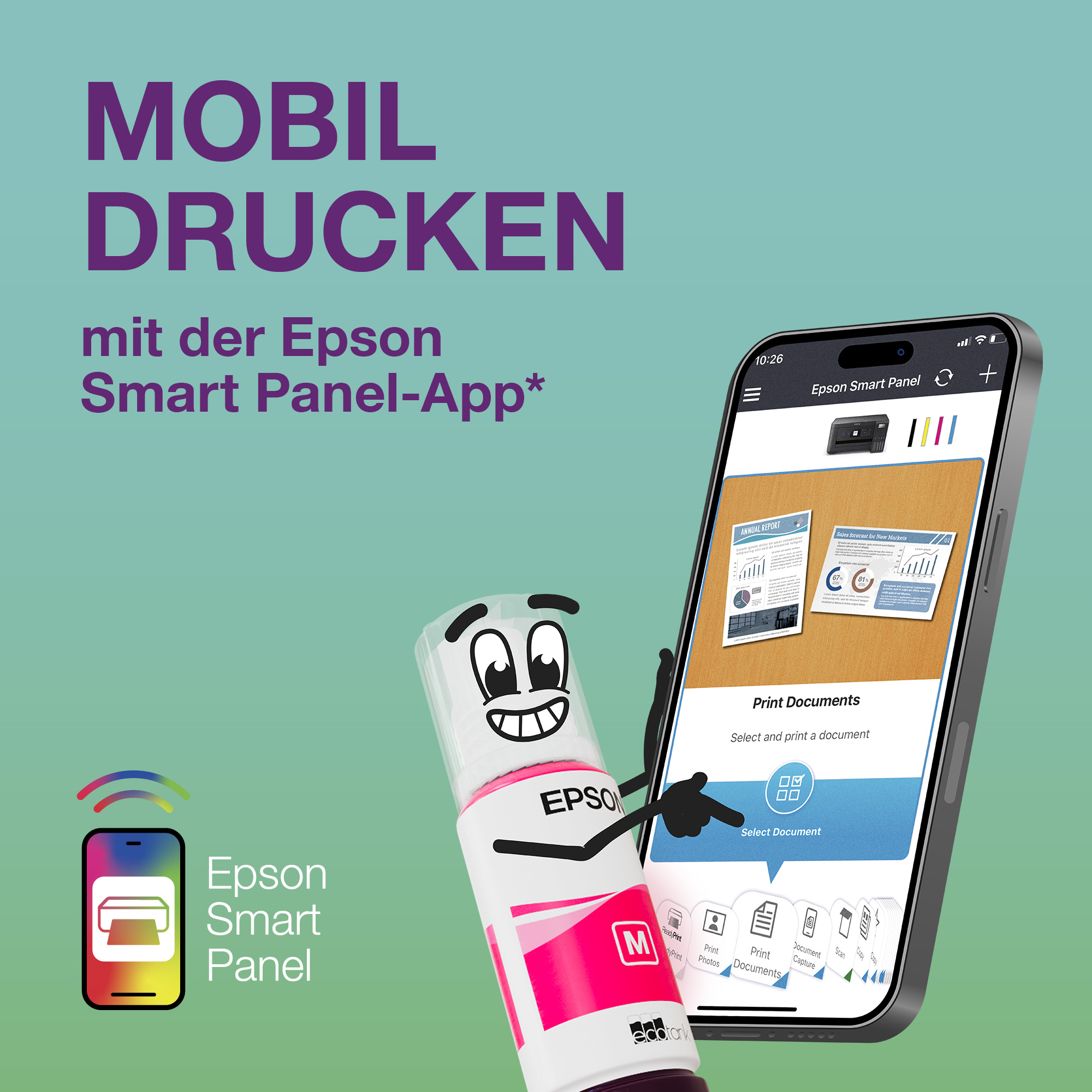 Eine Tintenpatrone swiped auf einem Smartphone, beworben wird die Smart Panel-App von Epson.