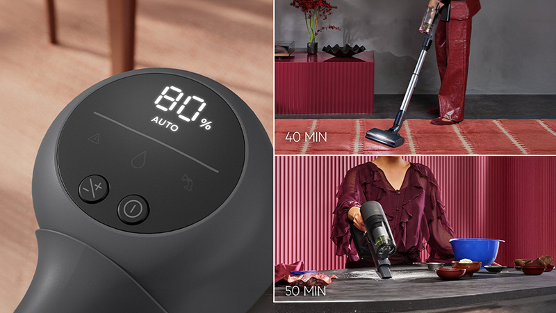 Dreigeteiltes Bild: Links Nahaufnahme vom Display mit 80 % Akkustand im Automodus. Rechts wird Teppich mit angezeigter Laufzeit von 40 Minuten gesaugt. Rechts wird eine Arbeitsplatte mit Handgerät, mit angegebener Laufzeit von 50 Minuten gereinigt.