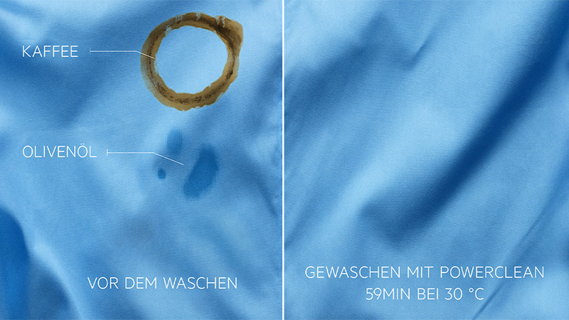 Vergleich auf blauem Stoff: links Kaffee- und Olivenölflecken vor dem Waschen, rechts sauber nach PowerClean 59 Min bei 30 °C.