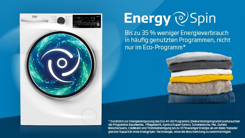 Weiße Beko Waschmaschine mit EnergySpin-Symbol und gefalteter Kleidung. Hinweis auf bis zu 35 % weniger Energieverbrauch in häufig genutzten Programmen; Vergleichsbedingungen in der Fußnote.